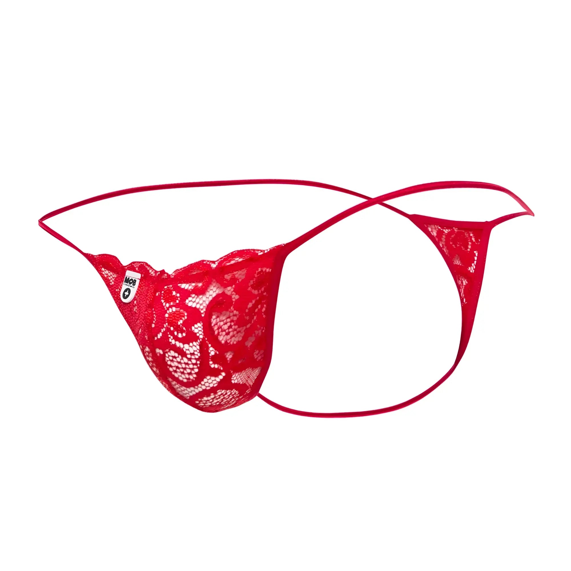 MOB Mens lace thong in red featuring intricate floral patterns and thin matching elastic straps