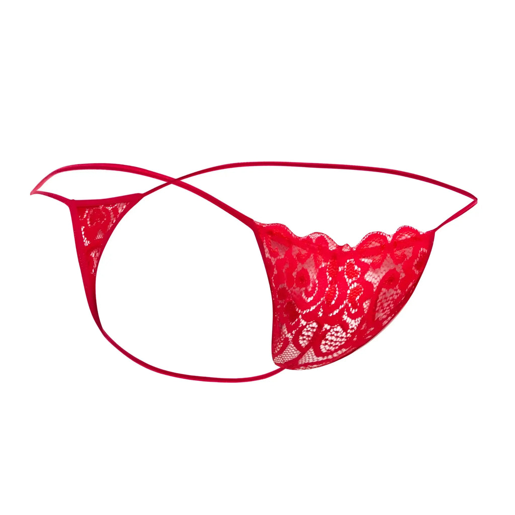 Red lace thong with intricate floral patterns and thin matching elastic straps from MOB men’s lace thong collection