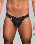 Black lace thong with intricate floral patterns and a small silver tag on the side from mob men’s lace waist thong