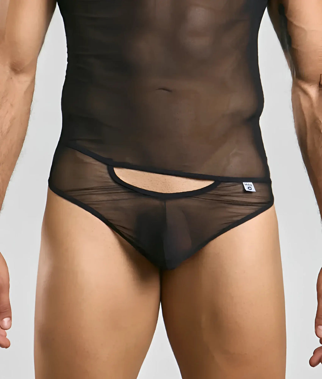 Black sheer mesh briefs with cutout design and elastic waistband from mob mens sexy all over sheer body collection