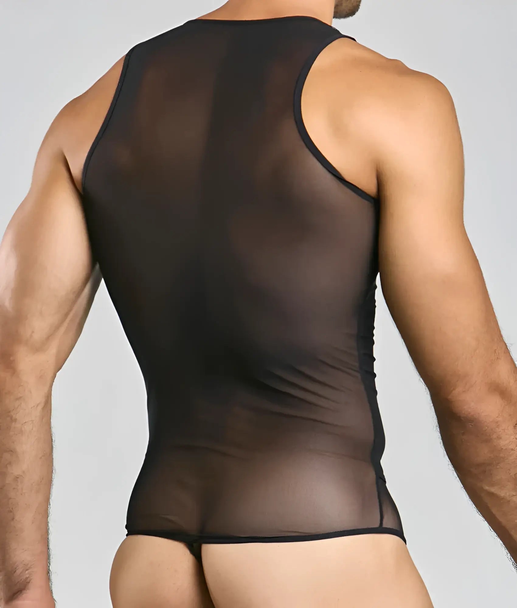 MOB men’s sexy all over sheer body black sheer mesh tank top with black trim front view