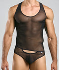 Mob men’s sexy all over sheer body black mesh tank top with black trim and waistband cutout