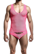 Pink mesh tank top and briefs with front cutout and logo waistband from mob men’s sexy all over sheer body collection