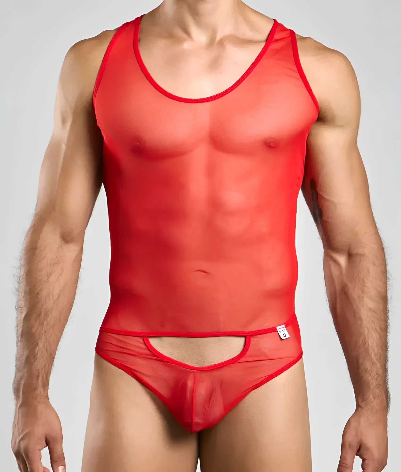 Red sheer mesh tank top with matching briefs featuring bold red trim and cutout design from mob men’s sexy all over sheer body