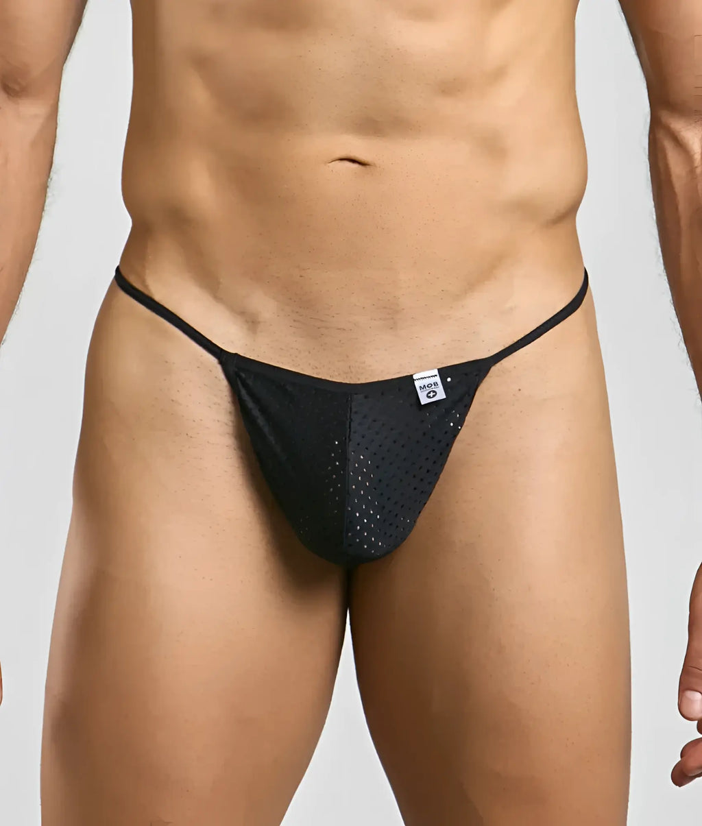 Black mesh microfiber thong with thin elastic waistband and small white mob brand tag for men sexy g string
