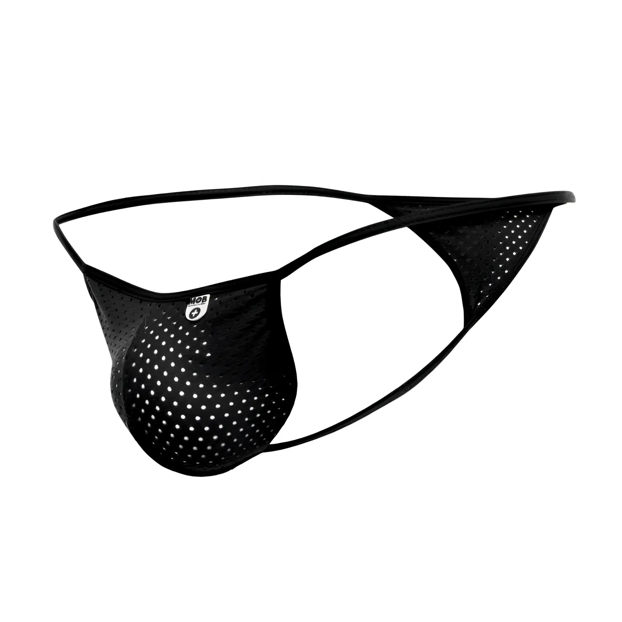 Black mesh thong with sleek form-fitting design and reinforced elastic waistband in MOB men’s sexy microfiber G-string