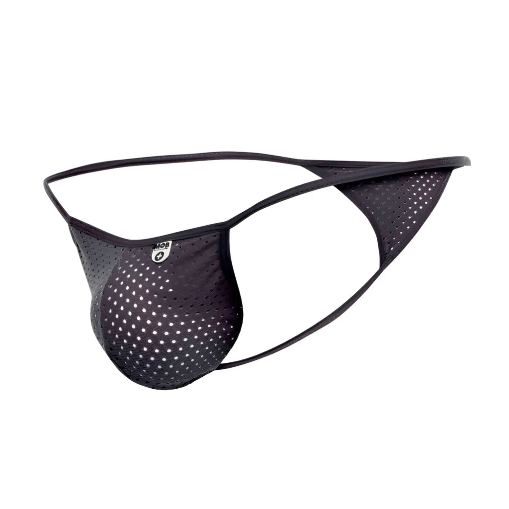 Mob men’s sexy microfiber g-string black mesh thong with white perforations and small mob logo on the front
