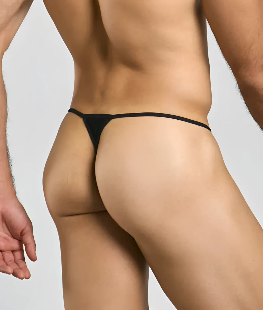 Black thong g-string with thin smooth microfiber waistband by mob men’s sexy microfiber g-string, back view