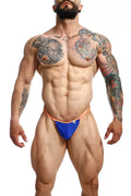 Blue microfiber athletic briefs with orange trim from MOB men’s sexy microfiber G-string collection