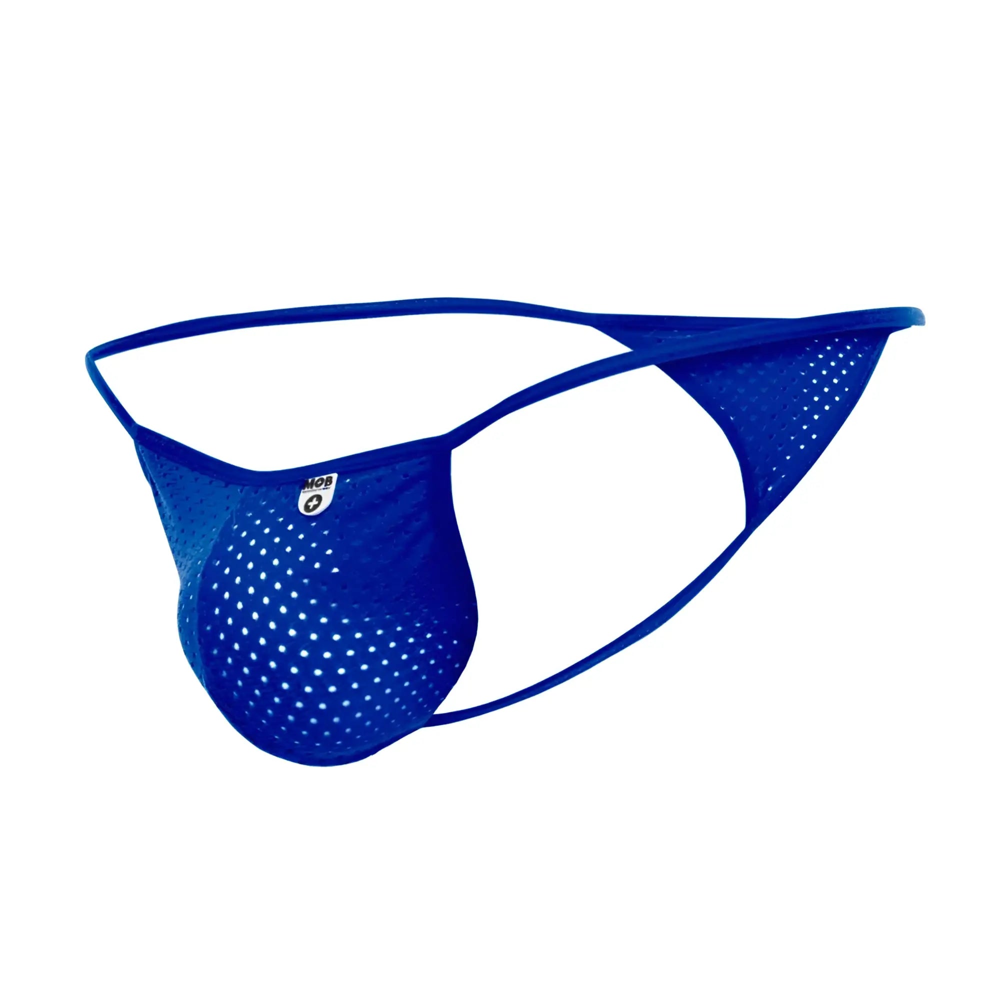 Blue mesh microfiber thong with perforated design and small logo on side for men by MOB in sexy G-string style