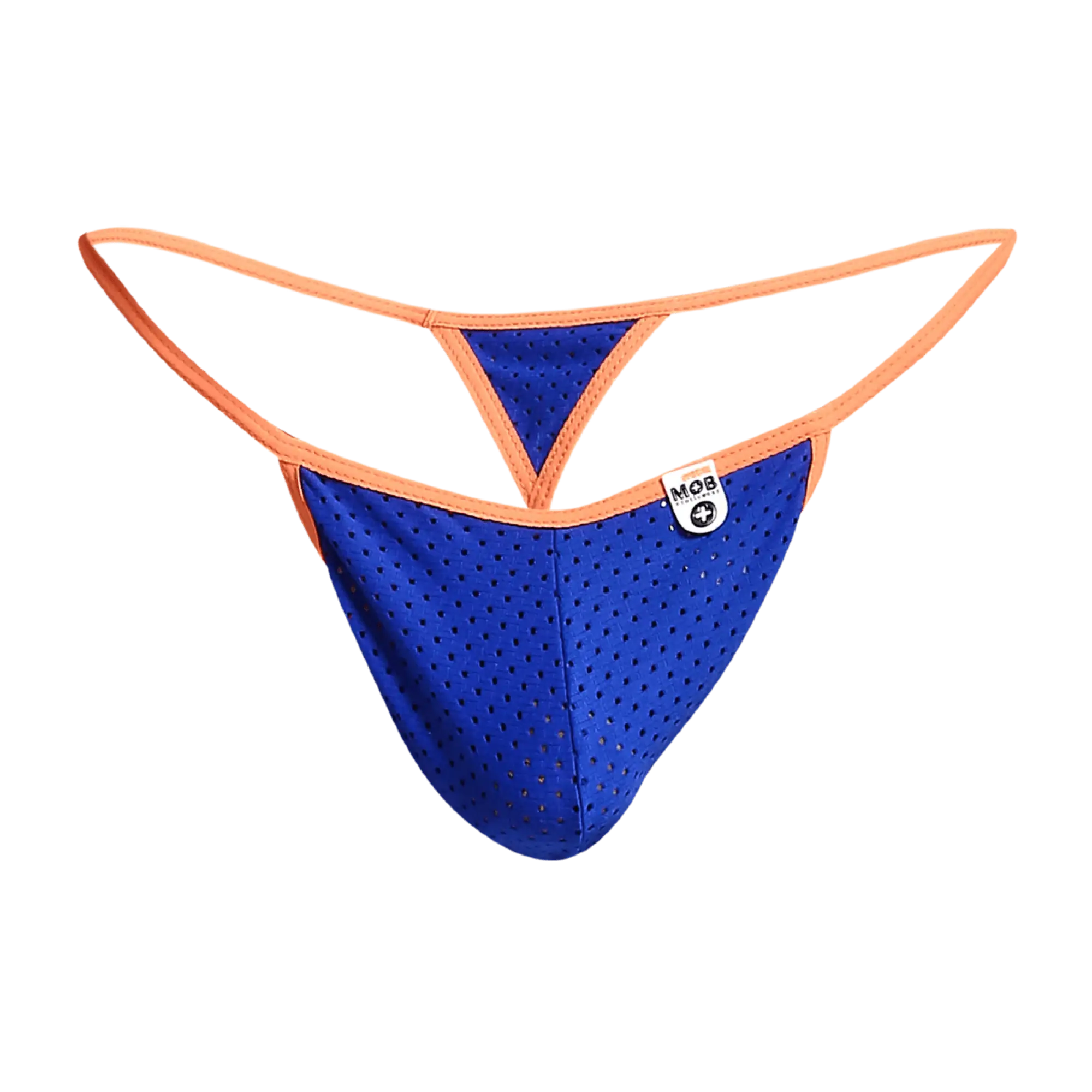 Blue perforated mesh microfiber thong with orange trim and white mob brand tag for men sexy g-string underwear