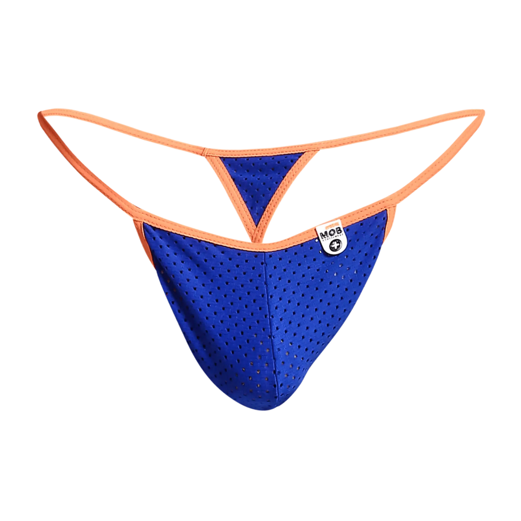 Mob men’s sexy microfiber g-string blue perforated mesh thong with orange trim and a small white brand tag