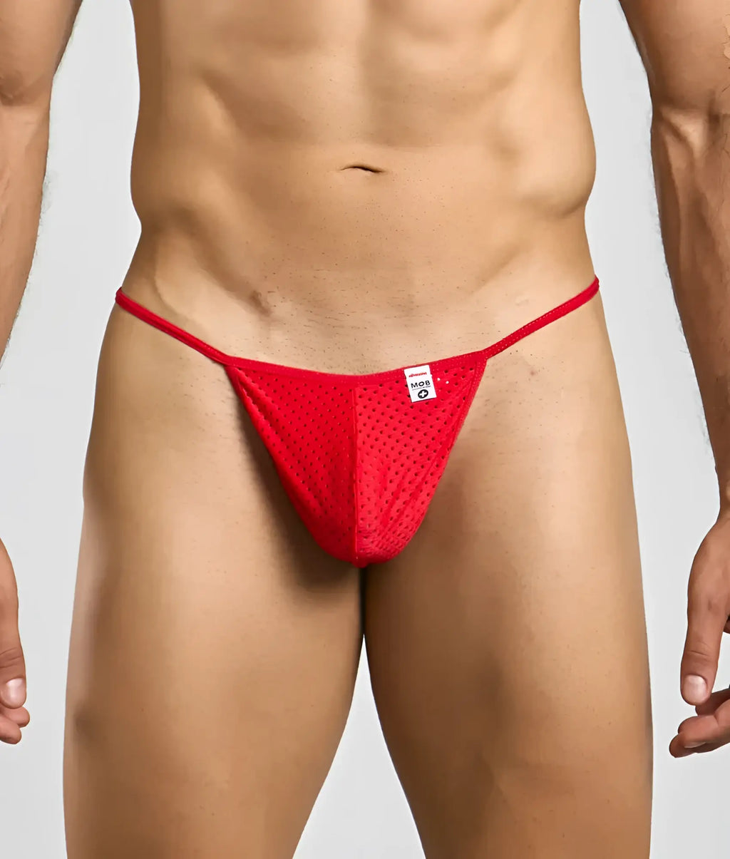 Red mesh microfiber thong with a small white label on the front from mob mens sexy g-string collection