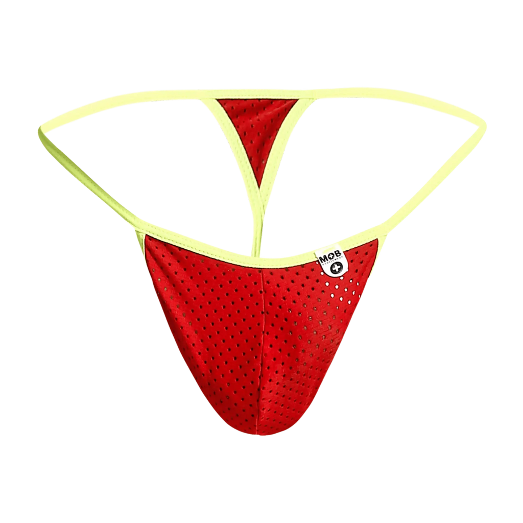 Mob men’s sexy microfiber g-string red perforated mesh thong with neon yellow trim and small white brand tag