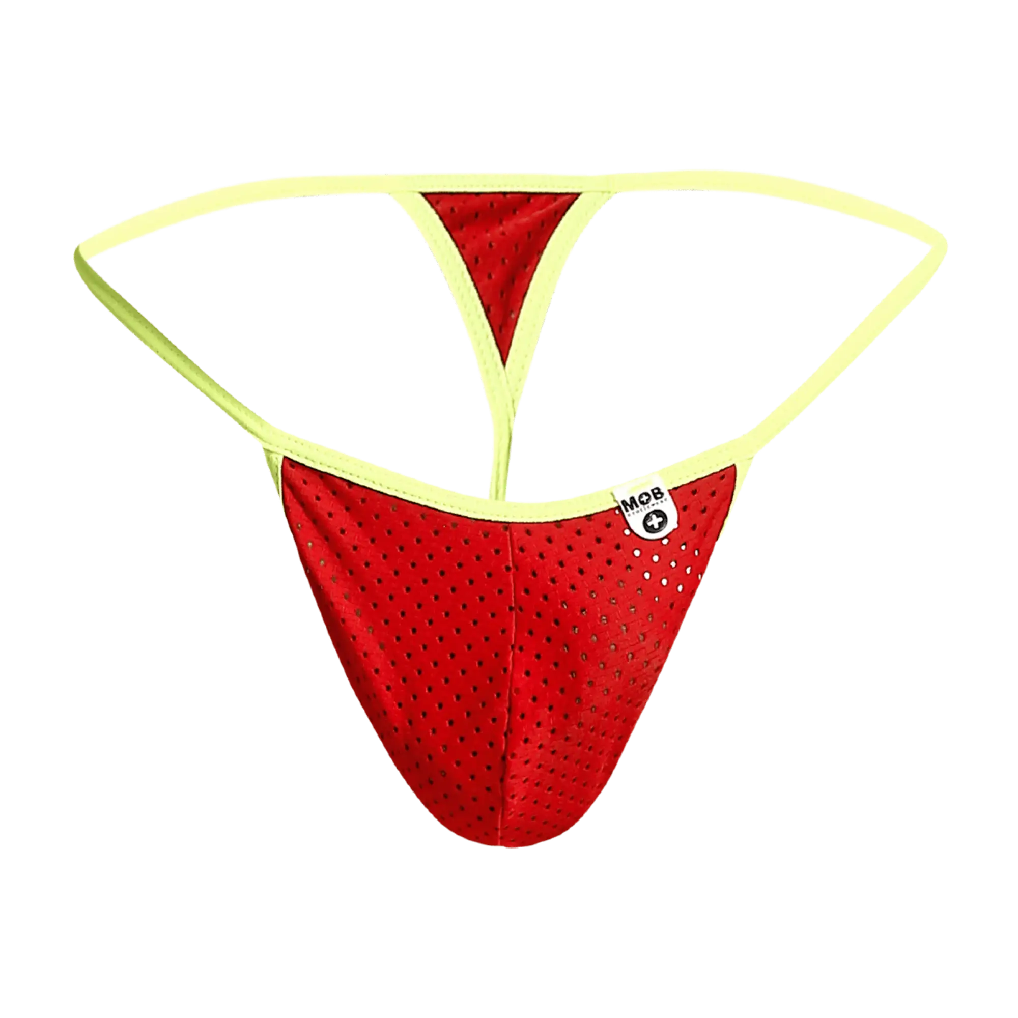 Mob men’s sexy microfiber g-string in red perforated mesh with neon yellow trim and a small white brand tag