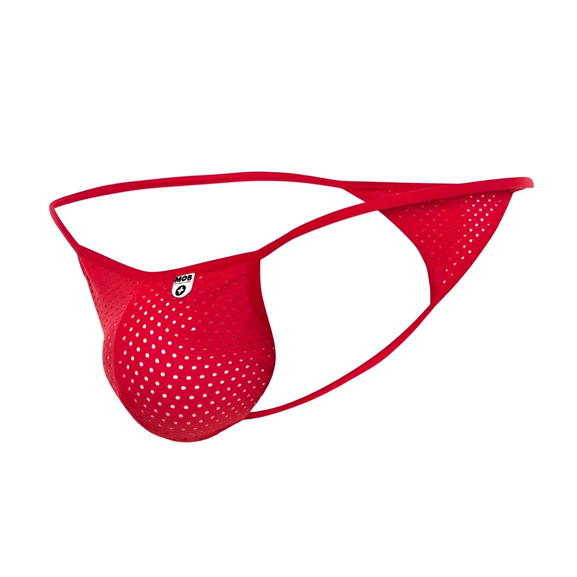 Mob men’s sexy microfiber g-string in red perforated mesh thong with small white logo on the front