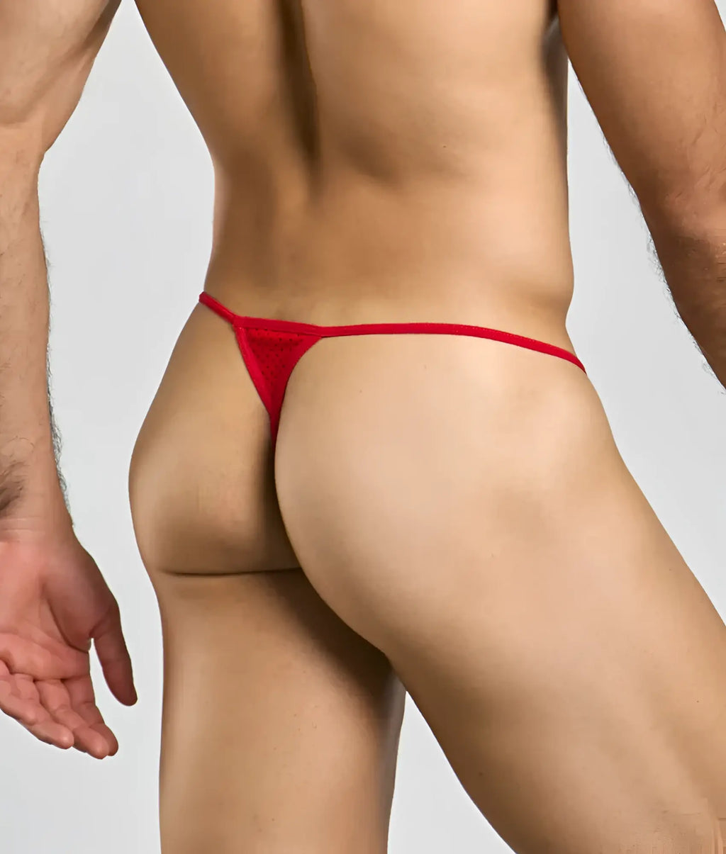 Red thong g-string made of sheer mesh fabric from mob mens sexy microfiber collection shown from the back side