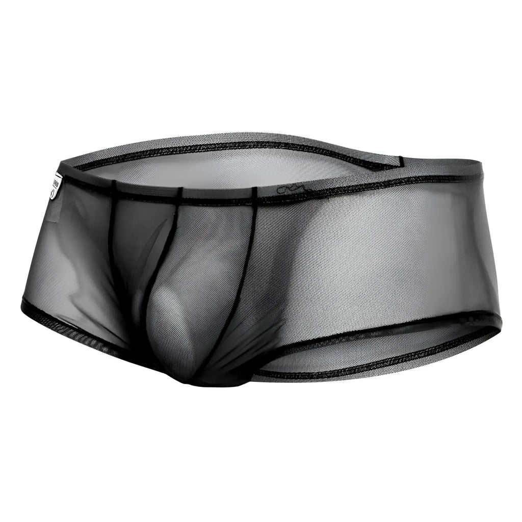 Mob men’s sexy sheer hip brief black sheer mesh underwear with black elastic trim showing front side