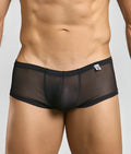 Black sheer mesh briefs with solid waistband and trim from MOB men’s sexy sheer hip brief collection
