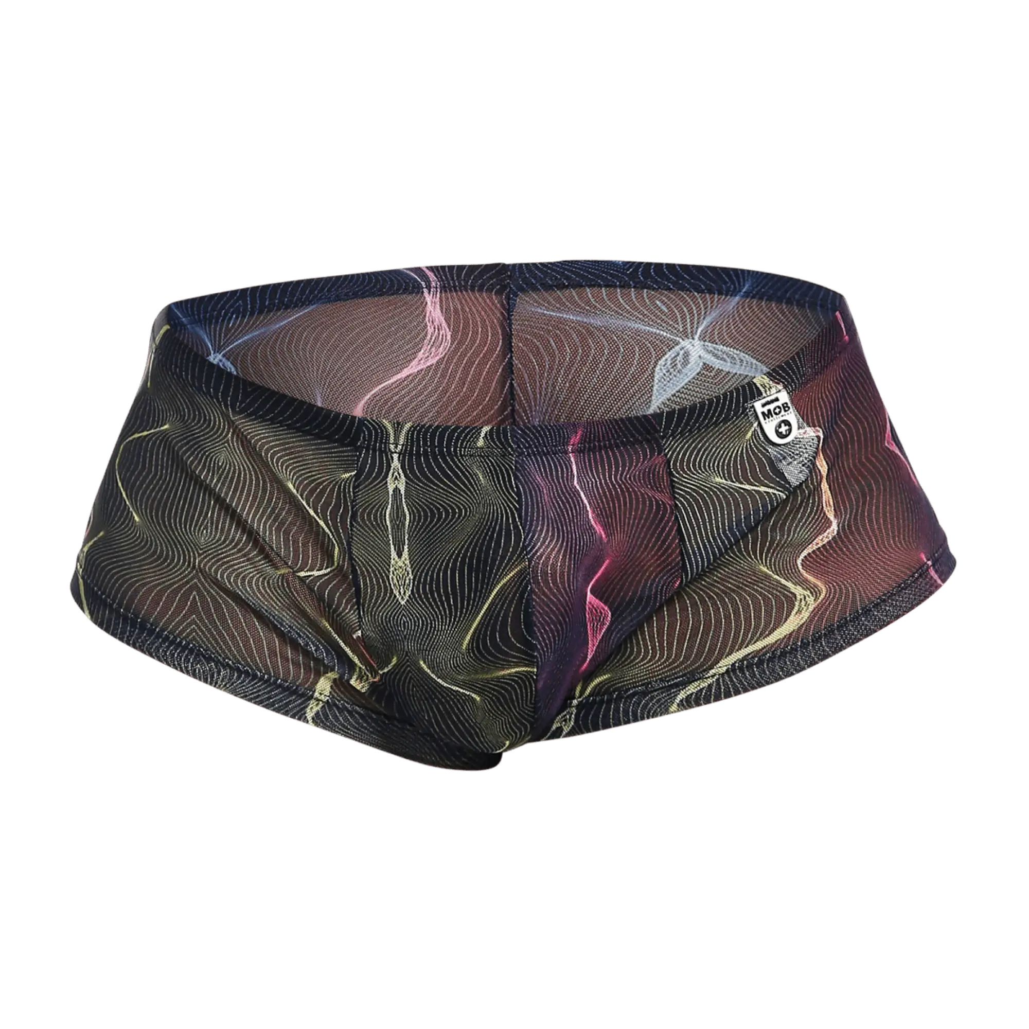 Mob men’s sexy sheer hip brief black mesh swim trunks with vibrant neon pink and gold abstract wave pattern