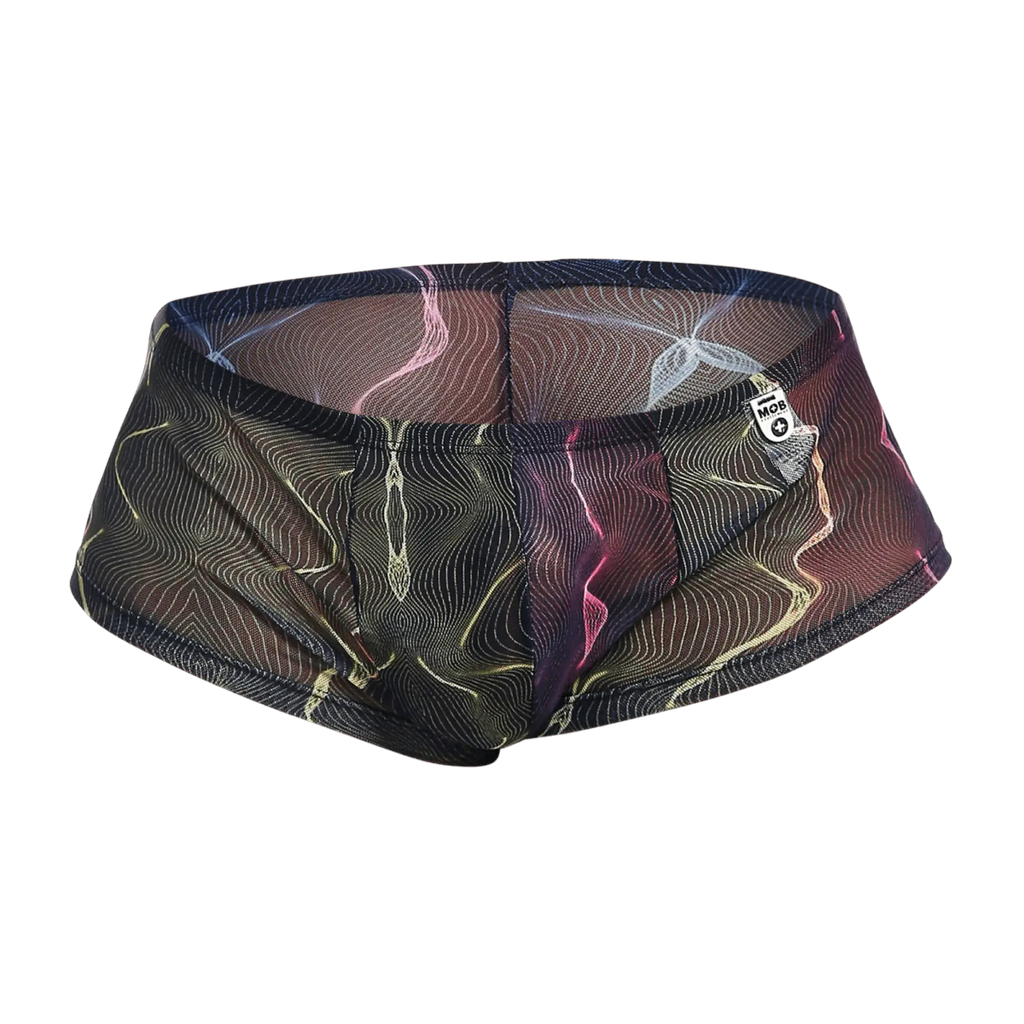 MOB men’s sexy sheer hip brief black mesh swim trunks with vibrant neon pink and gold abstract wave pattern