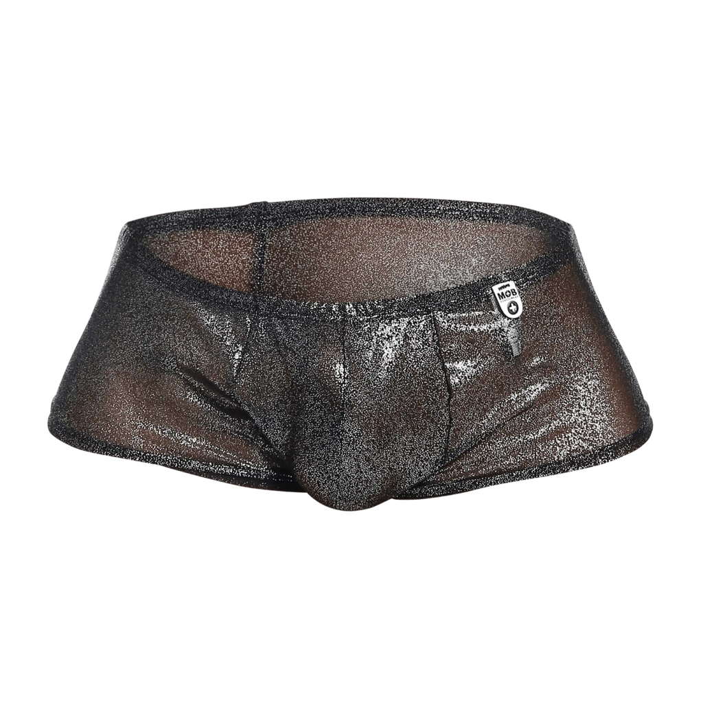 Mob men’s sexy sheer hip brief black shimmering metallic briefs with glossy finish and subtle glitter texture