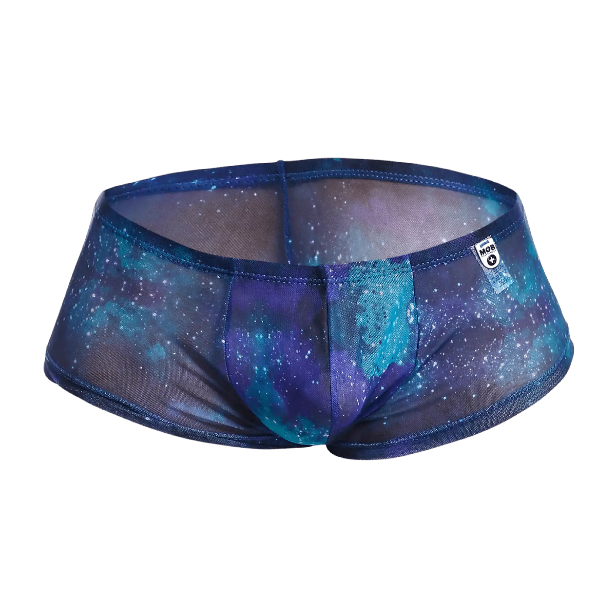 Mob men’s sexy sheer hip brief in blue and purple galaxy mesh with a translucent design for a bold look