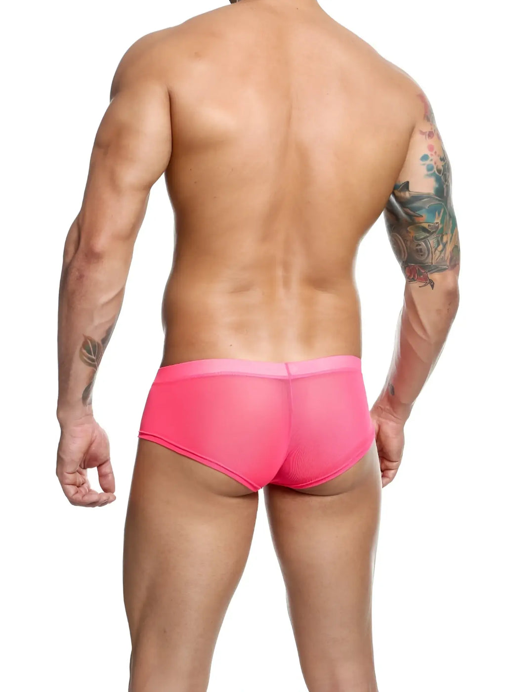 Mob mens sexy sheer hip brief bright pink mesh briefs with solid pink waistband front view