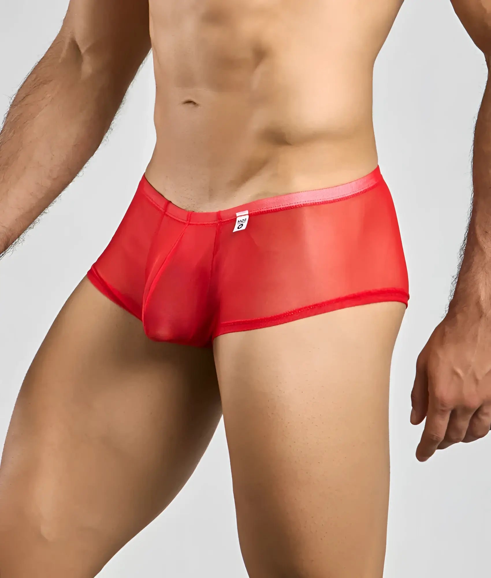 MOB men’s sexy sheer hip brief in red with sheer mesh fabric and solid red waistband and trim