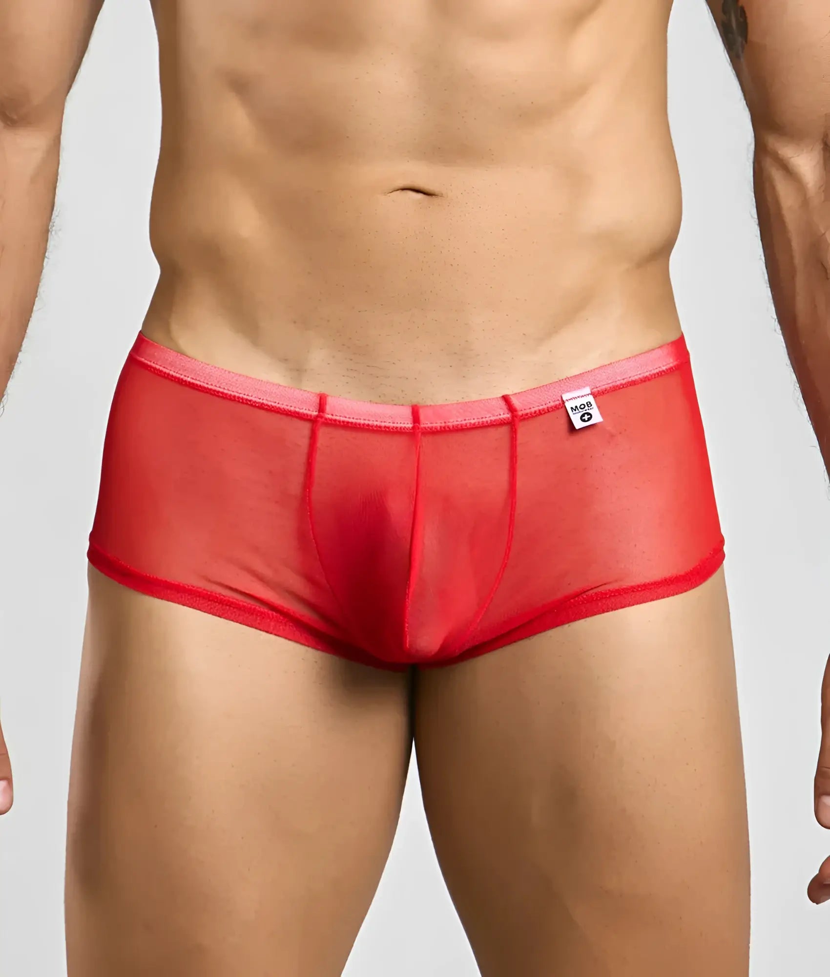 Mob men’s sexy sheer hip brief in red sheer mesh with solid waistband and small white brand tag