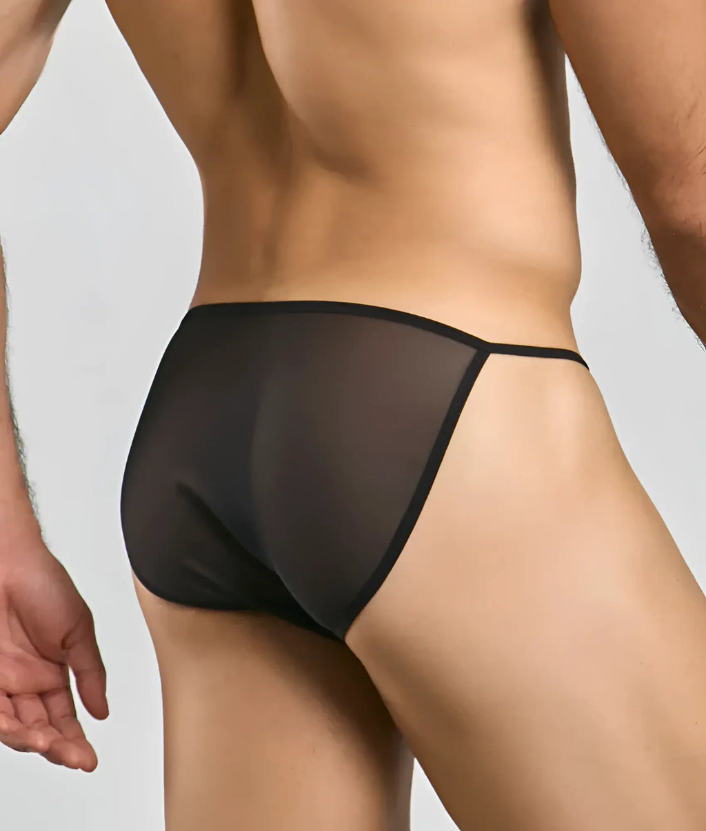 Mob men’s sheer bikini black mesh briefs with sleek minimalist design and transparent breathable fabric