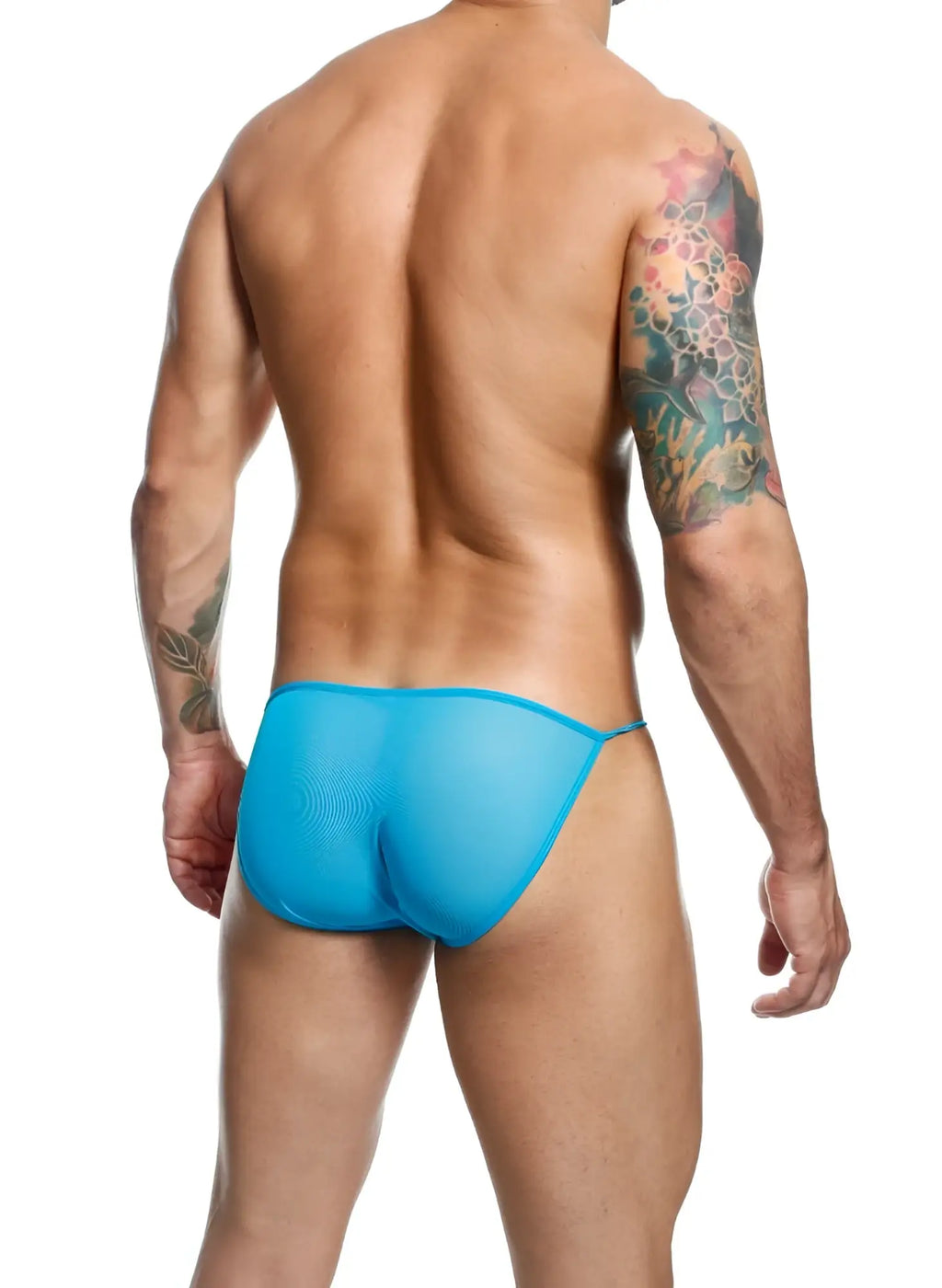 Bright blue sheer mesh briefs with thin side ties from mob mens sheer bikini collection