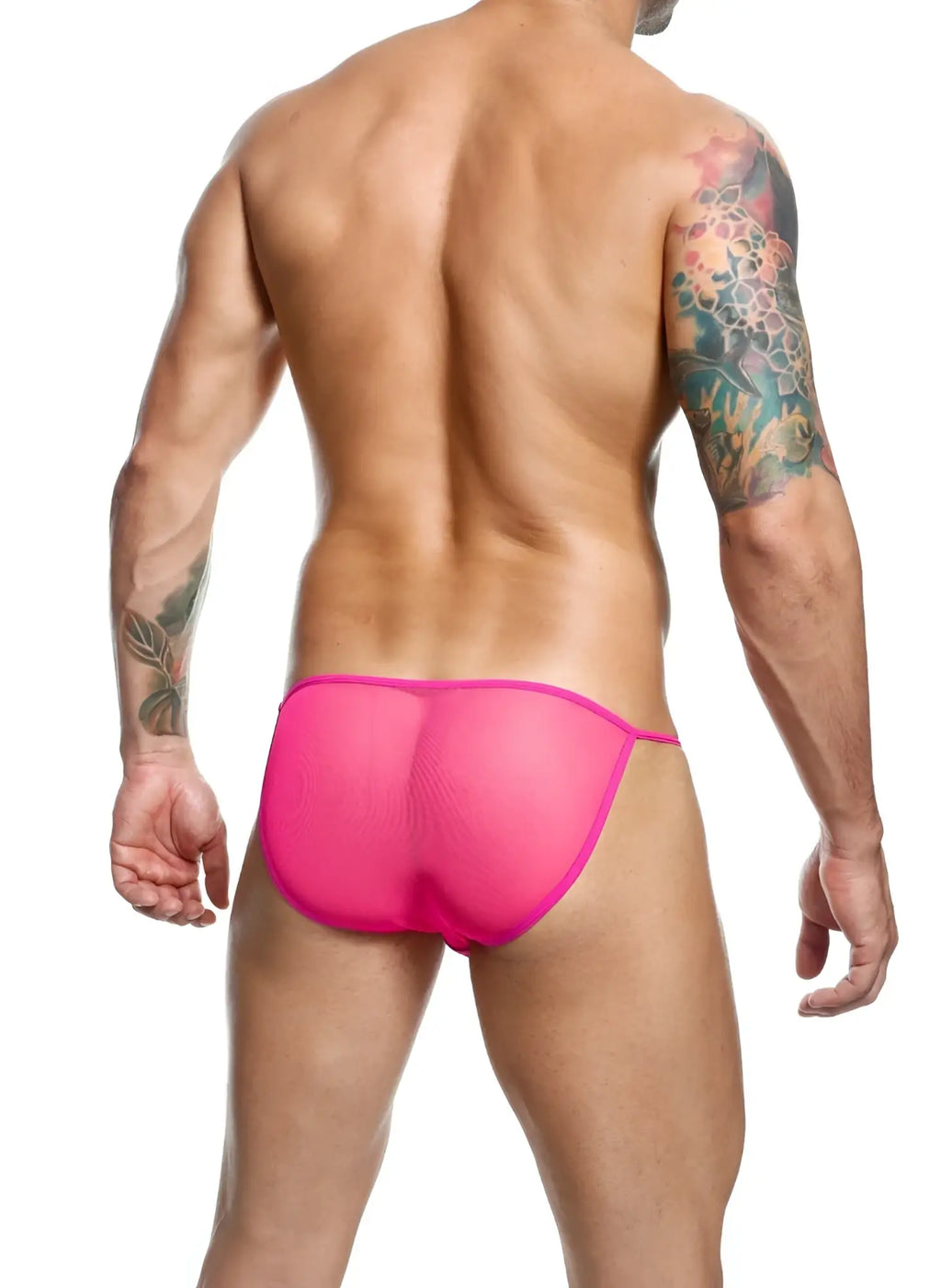 Bright pink mesh briefs with a snug form-fitting design in MOB men’s sheer bikini style