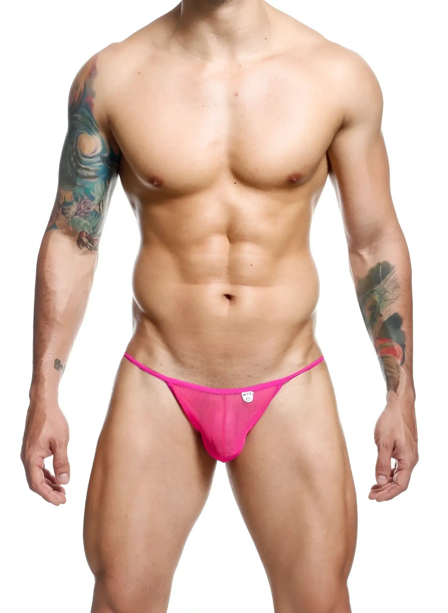 Bright pink sheer mesh thong bikini with small white logo on the front from MOB men’s collection