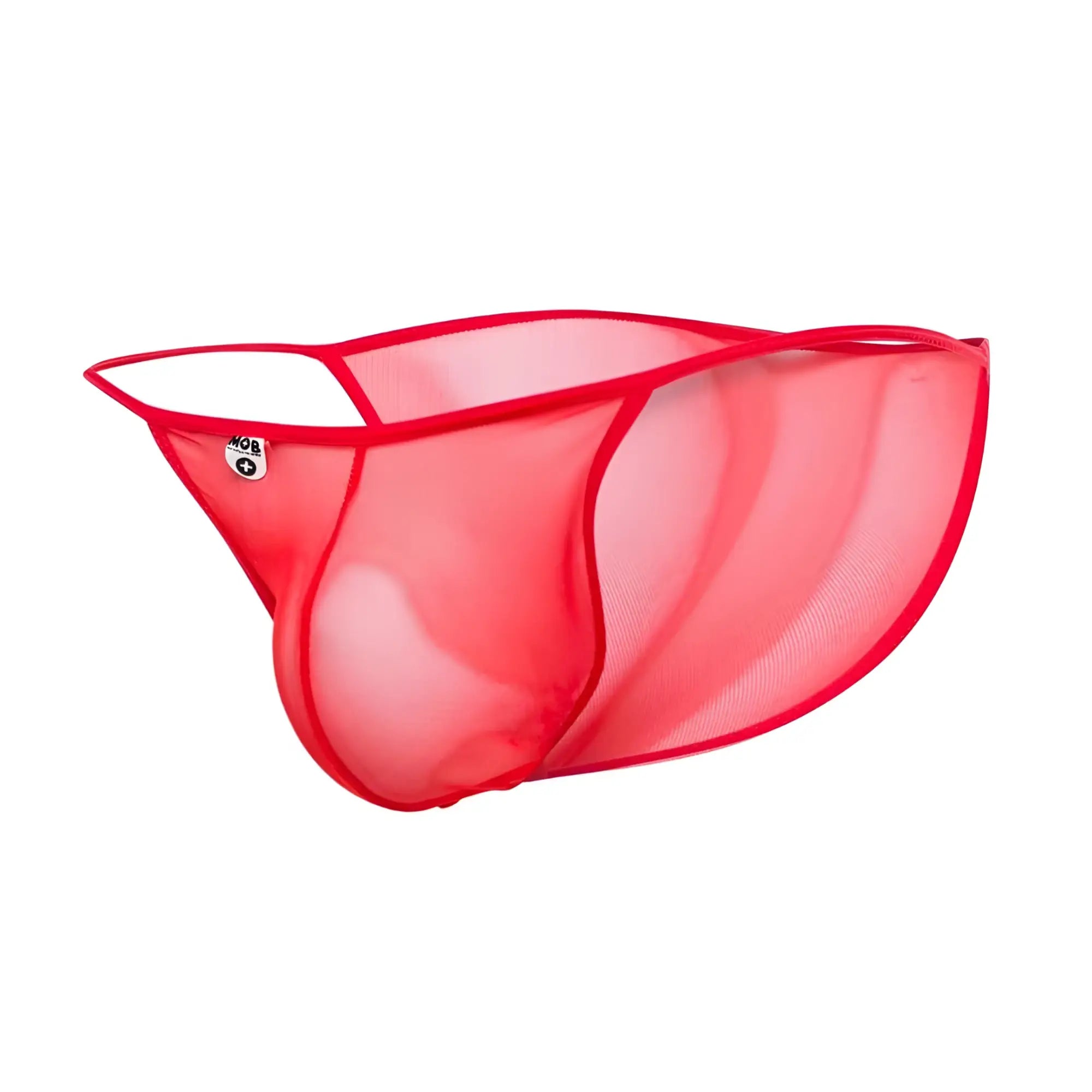 Mob men’s sheer bikini red mesh briefs with bold form-fitting design and reinforced red trim