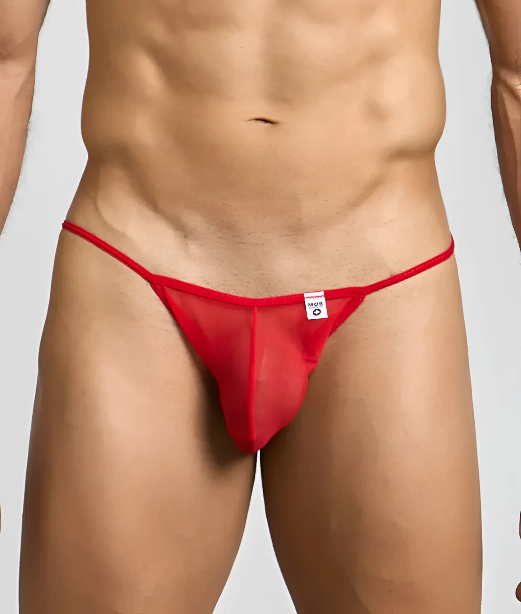 Mob men’s sheer bikini in red mesh thong with a small white label at the front