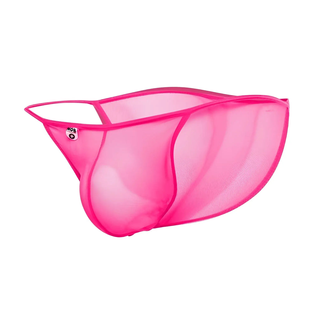 A vibrant pink mesh brief sheer bikini with sleek form-fitting design and reinforced elastic edges for men by MOB