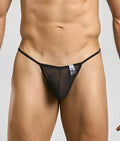 Mob men’s sheer t back thong showing back side in black sheer mesh with thin elastic waistband