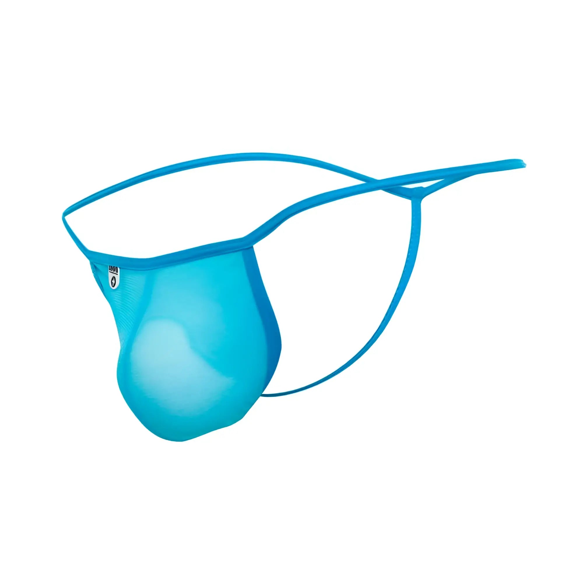 Bright blue translucent mesh t back thong for men with thin elastic straps by mob shown from the back side
