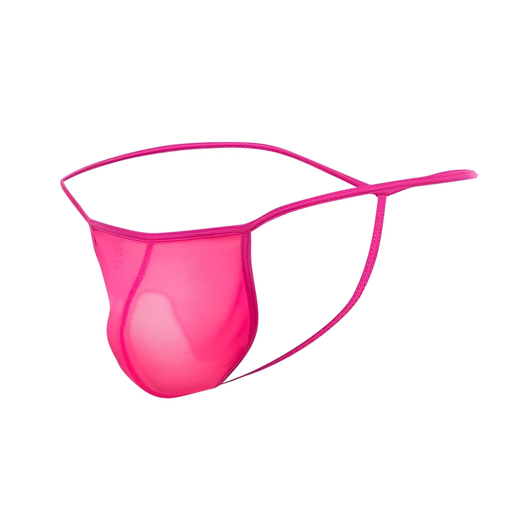 Bright pink mesh thong with thin elastic straps shown from the back in MOB men’s sheer t back thong design
