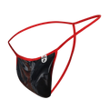 Red and black glossy latex men’s sheer t back thong with a small white label on the front by mob