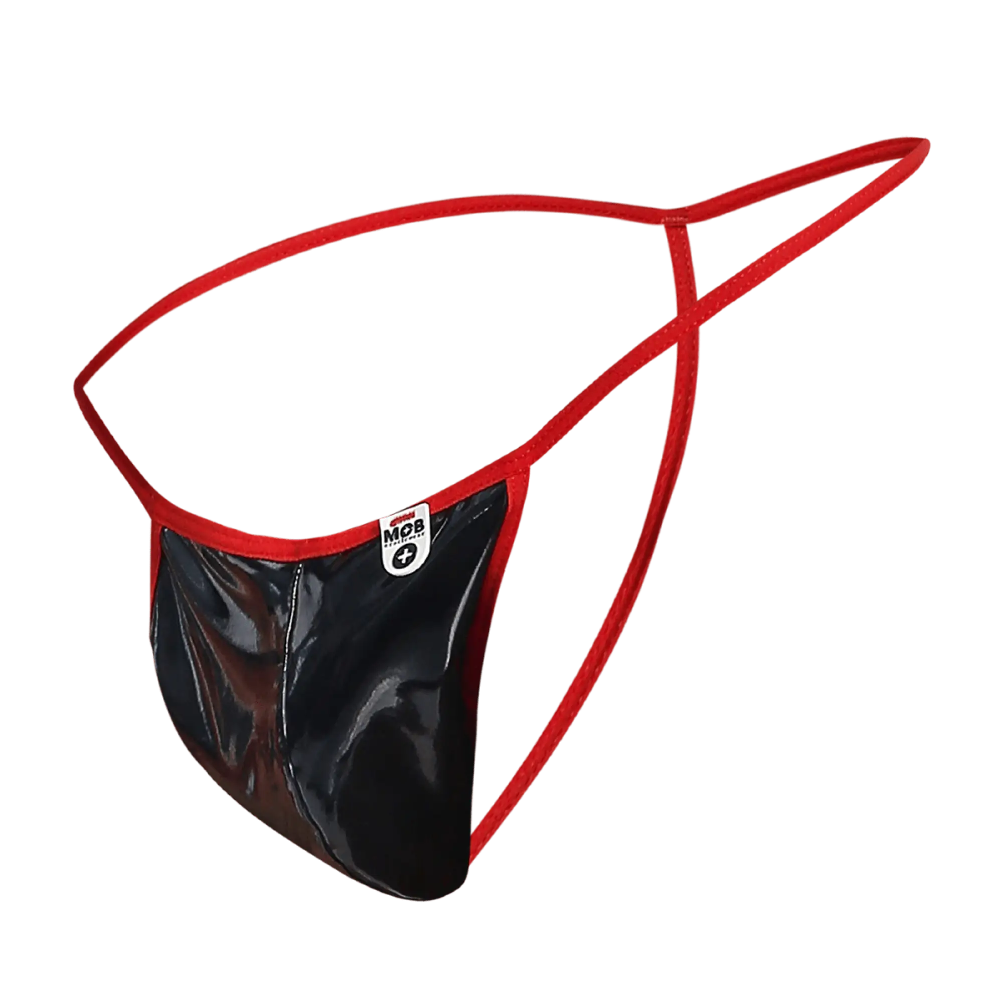 Red and black glossy latex men’s sheer t back thong with a small white label on the front by mob