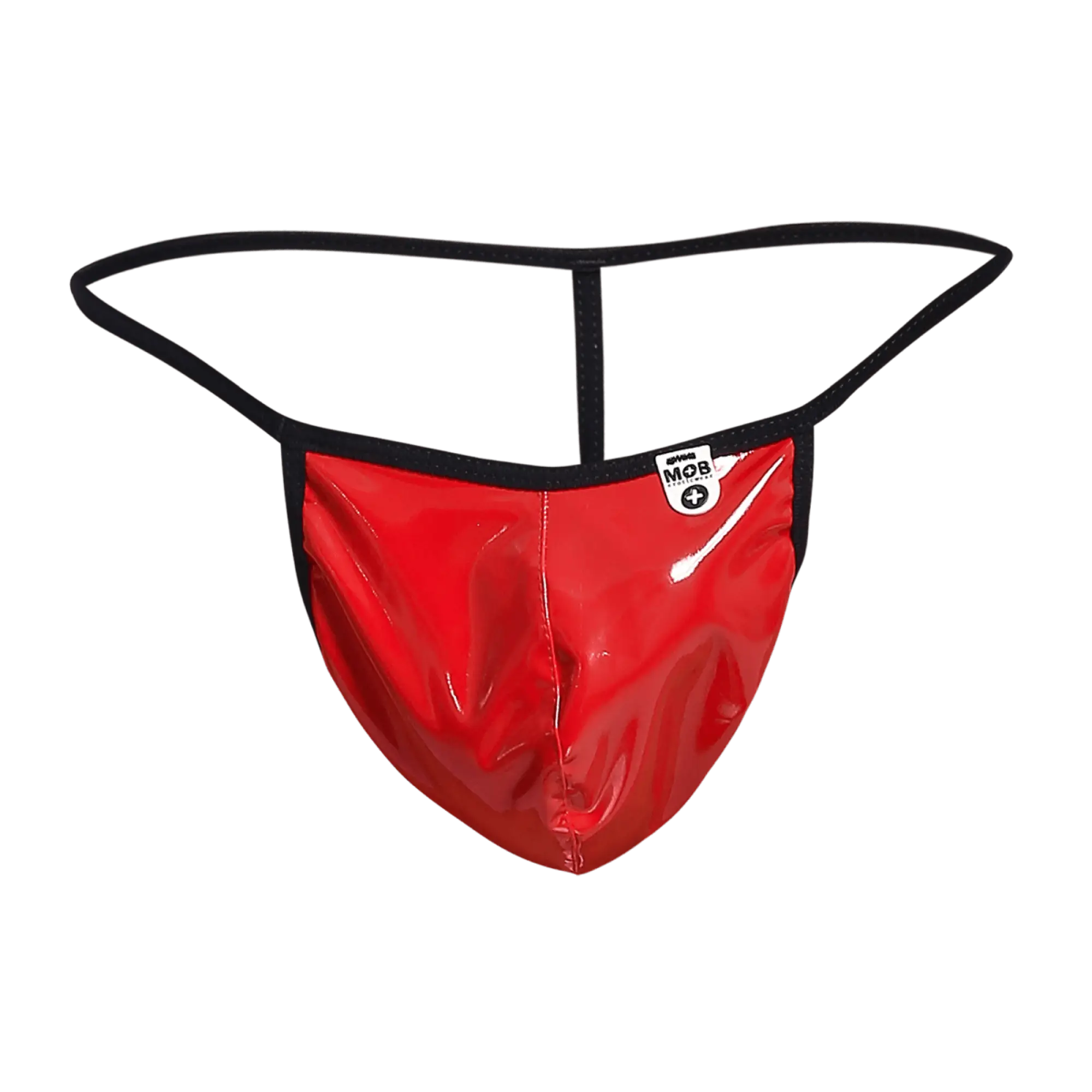 Red glossy latex thong with black elastic waistband and white logo patch shown from the back in mob mens sheer t back thong