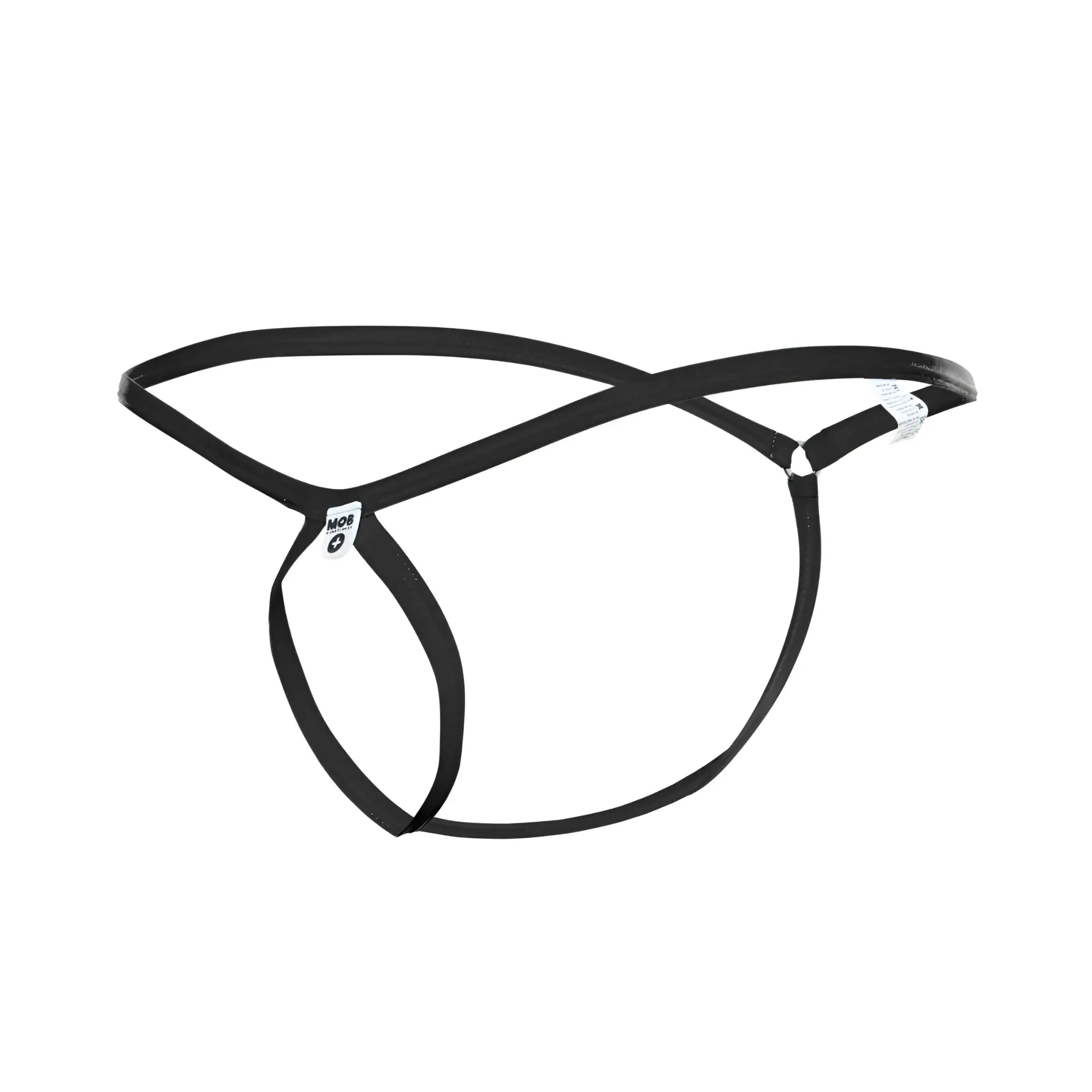 Black leather men’s tear drop string thong with minimalist design and adjustable straps shown from the back side