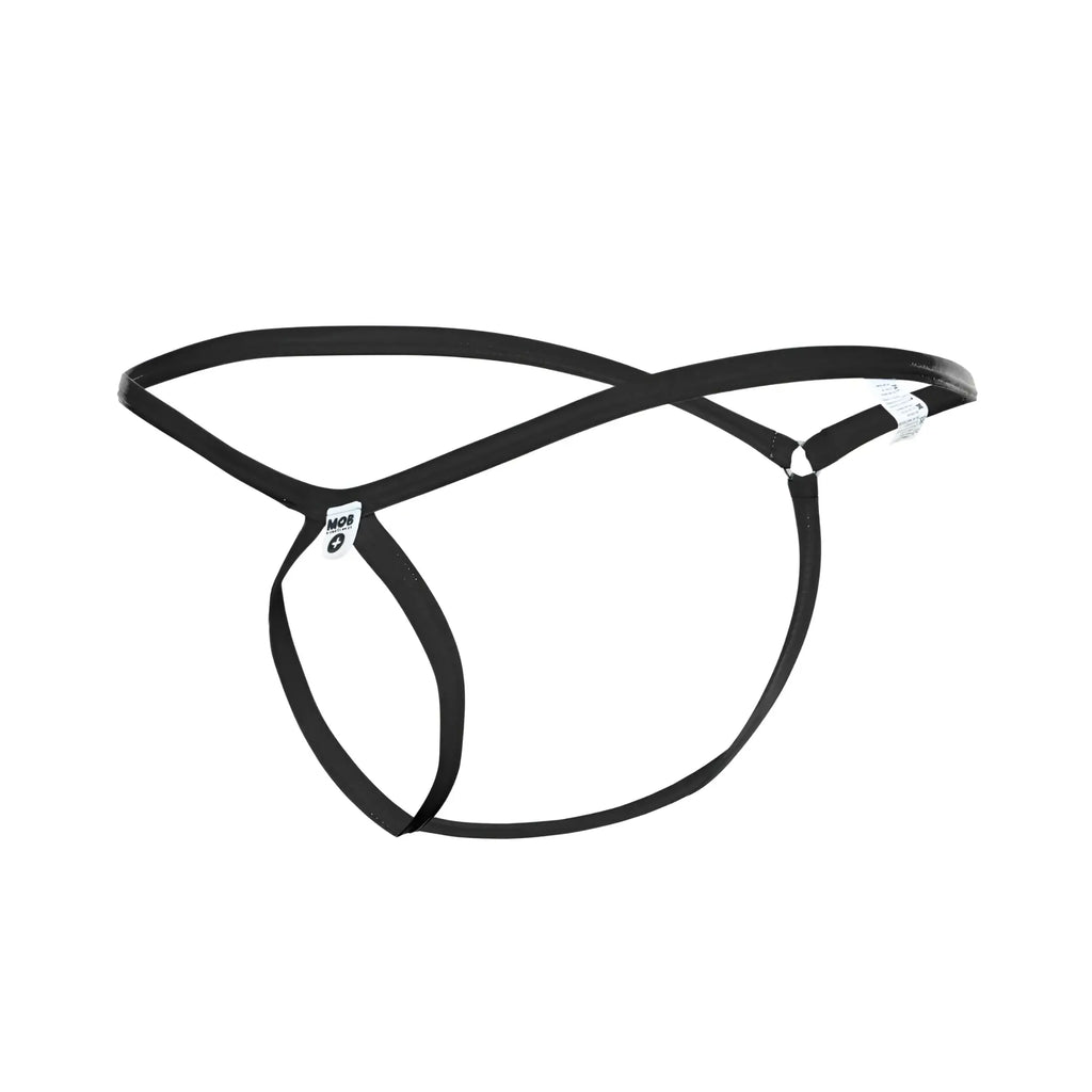 Mob men’s tear drop string thong in black leather with minimalist design and adjustable straps shown from the back