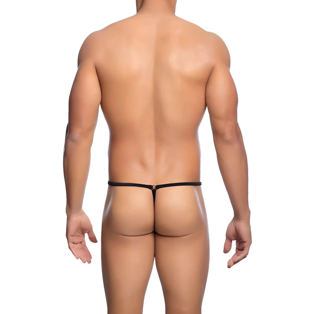 Black MOB men’s tear drop string thong with thin smooth elastic band and small metallic clasp at the center