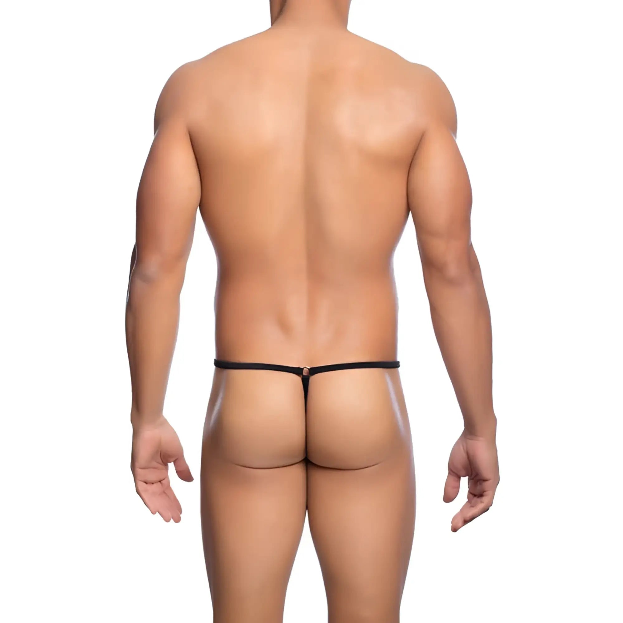 Black MOB men’s tear drop string thong with thin smooth elastic band and small metallic clasp at the center