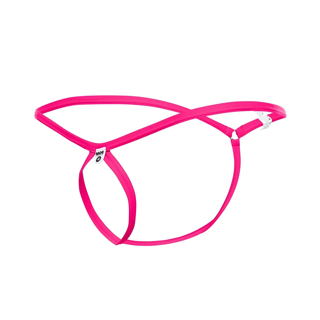 Bright pink sleek minimalist mob men’s tear drop string thong with modern design showing front side