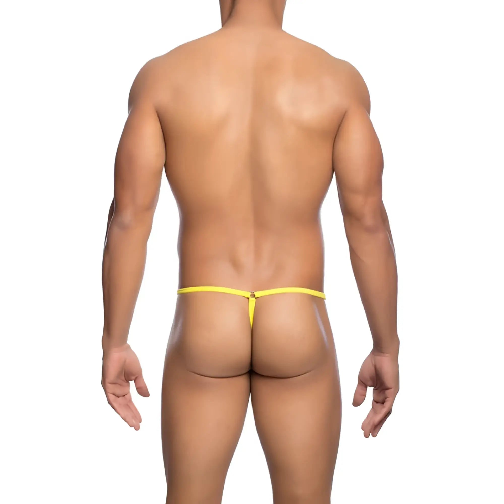 Bright yellow seamless mob men’s tear drop string thong showing thin design from the back side
