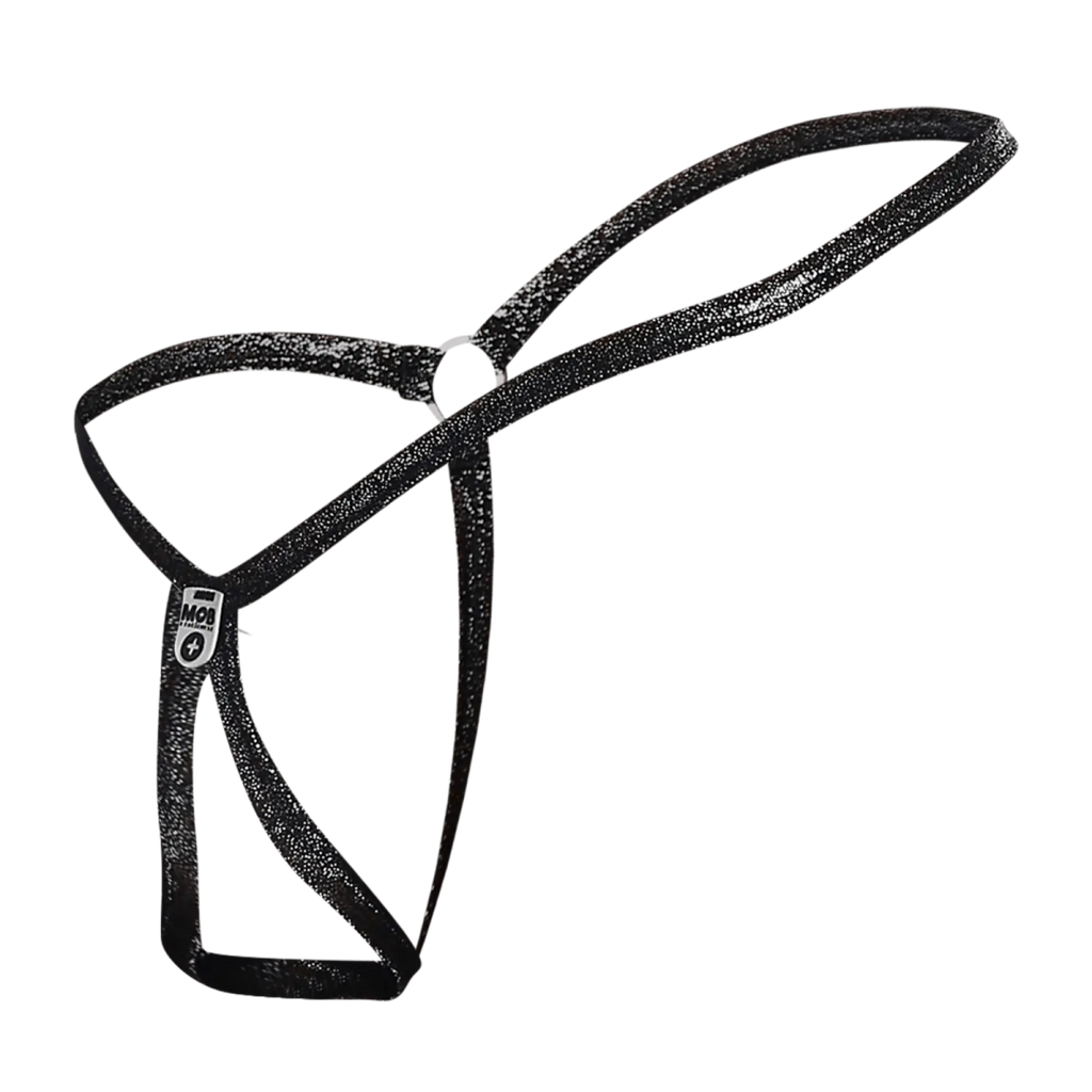 Black glittery harness string thong with small white logo tag for men by mob tear drop style mbl24